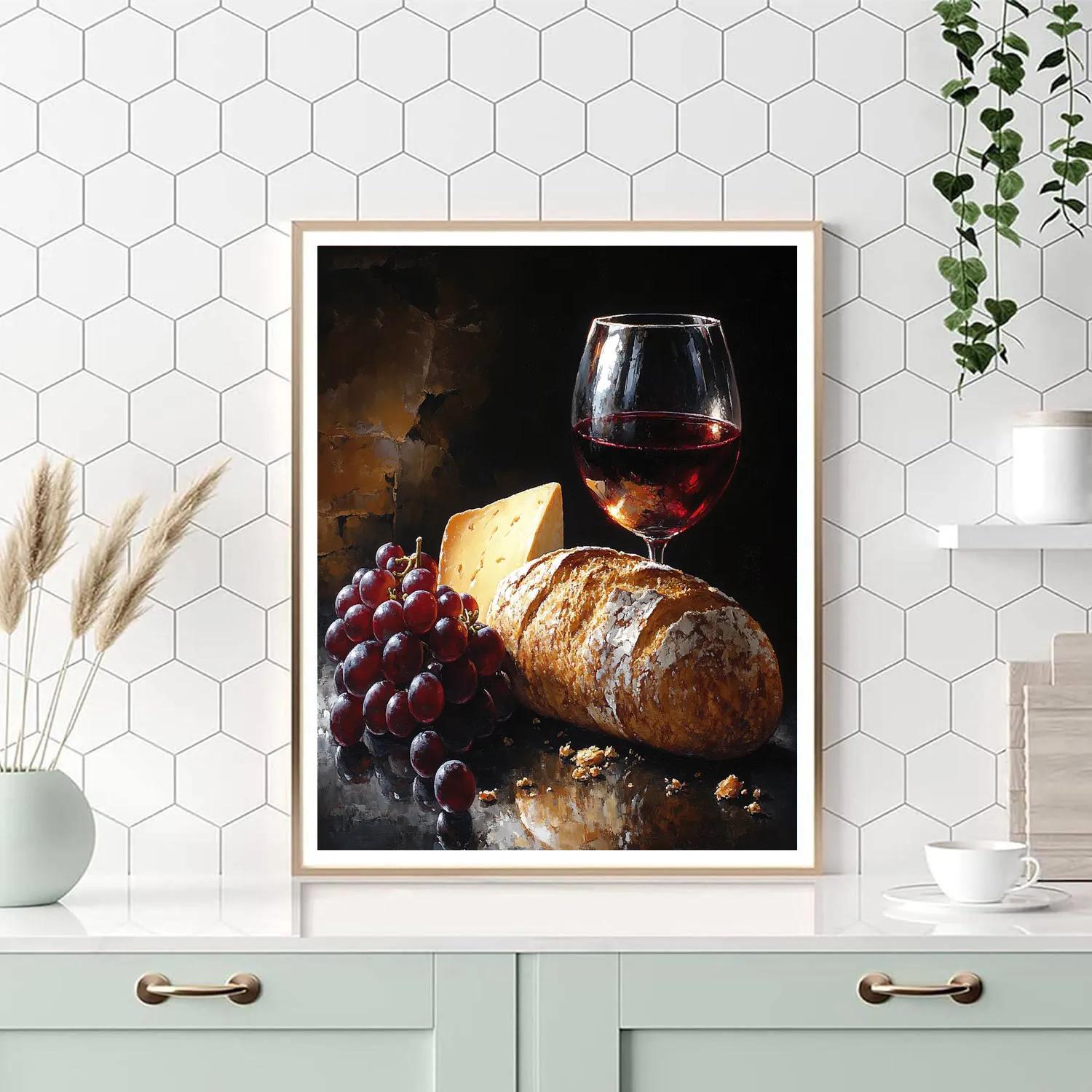 Caravaggio Inspired Still Life With Bread Cheese And Wine paint by color