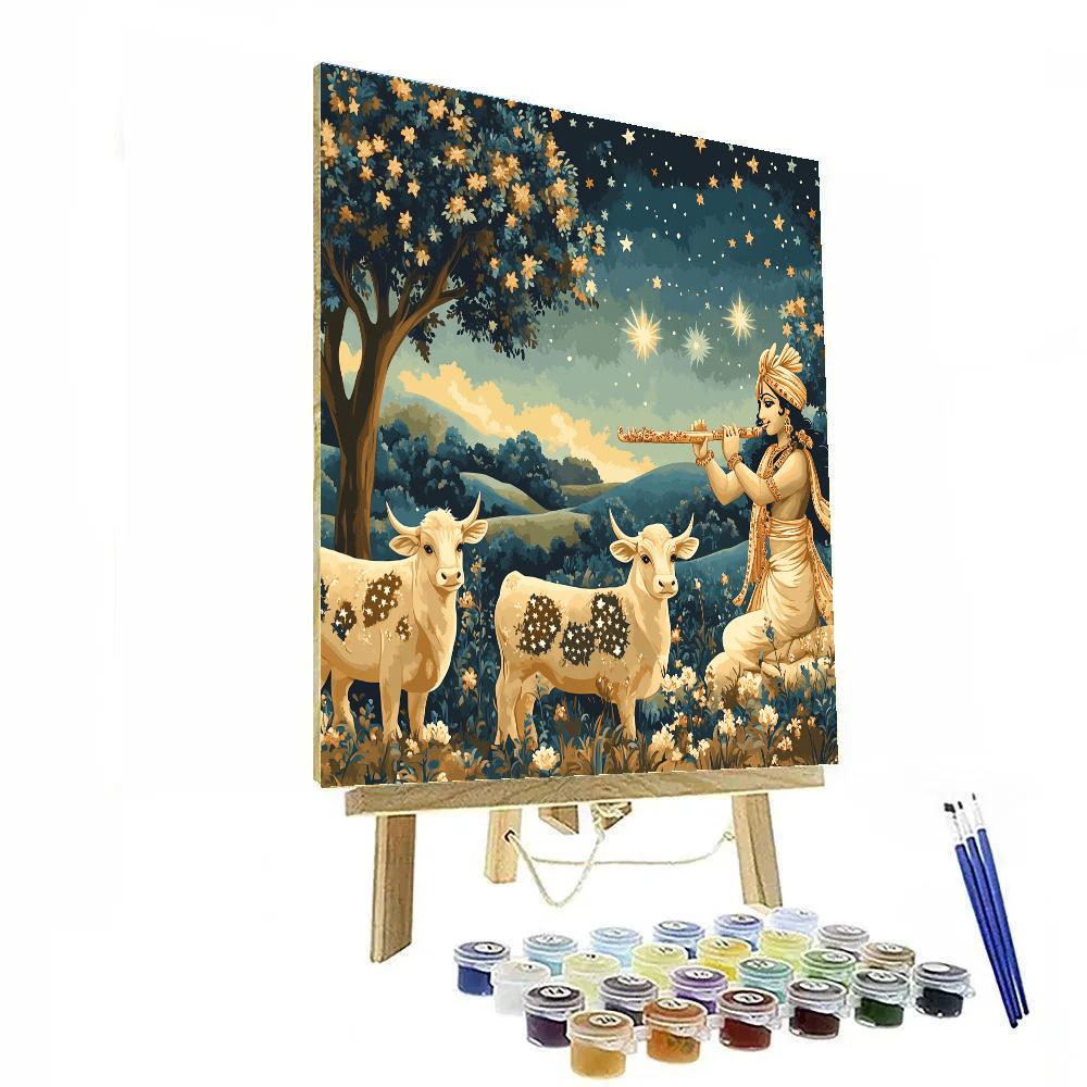Krishna Playing Flute For The Night Blooming Star Cows paint by numbers