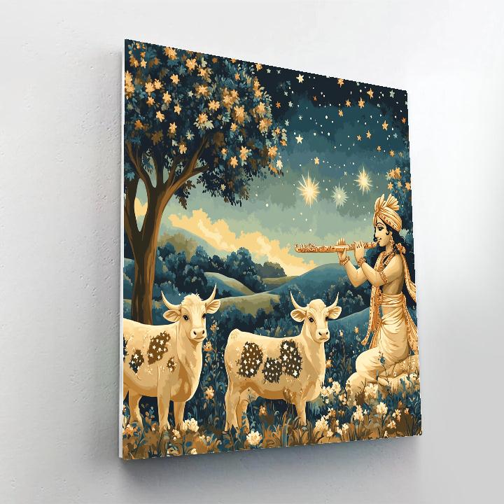 Krishna Playing Flute For The Night Blooming Star Cows paint by numbers