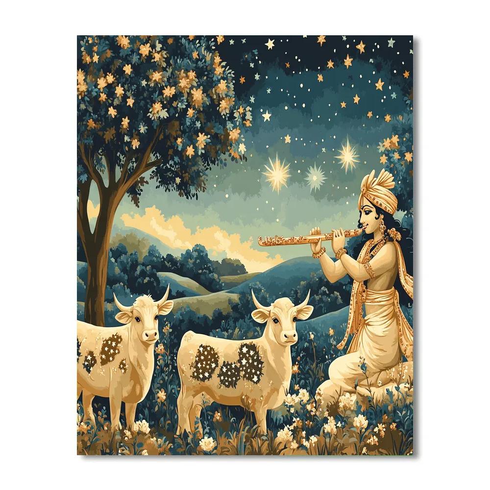 Krishna Playing Flute For The Night Blooming Star Cows paint by numbers