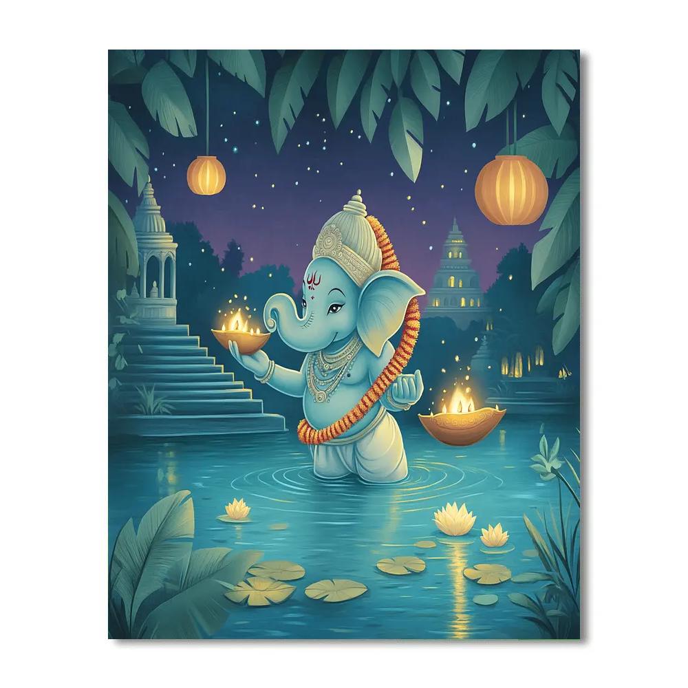 River Festival Under Paper Lanterns With Ganesha Numbered painting kits