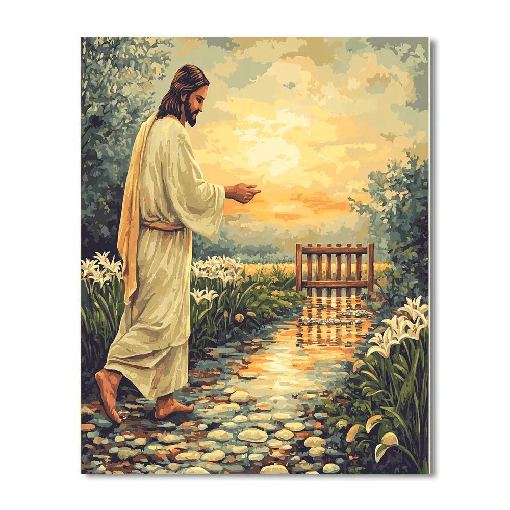 A Garden Path With Jesus At Daybreak paint by color
