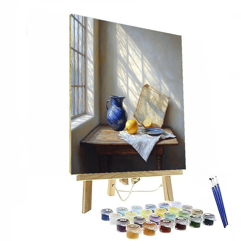 Johannes Vermeer Inspired Lapis Blue Jug And Pearled Lemon On Linen Table paint by number