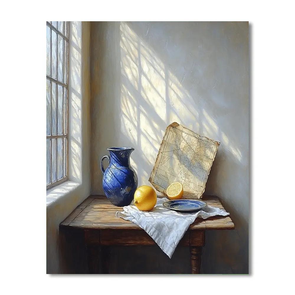 Johannes Vermeer Inspired Lapis Blue Jug And Pearled Lemon On Linen Table paint by number
