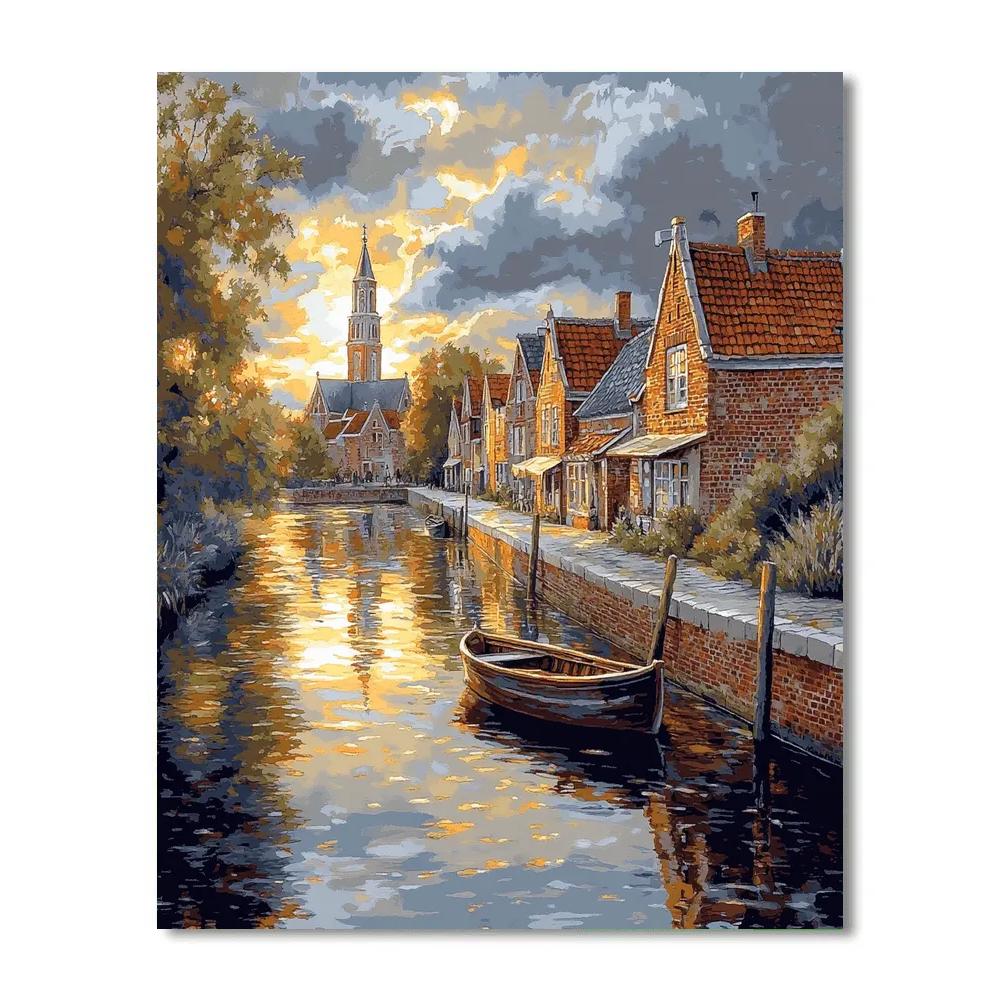 Johannes Vermeer Inspired Delft Canal Reflections Under A Quiet Cloudbreak Numbered painting kits