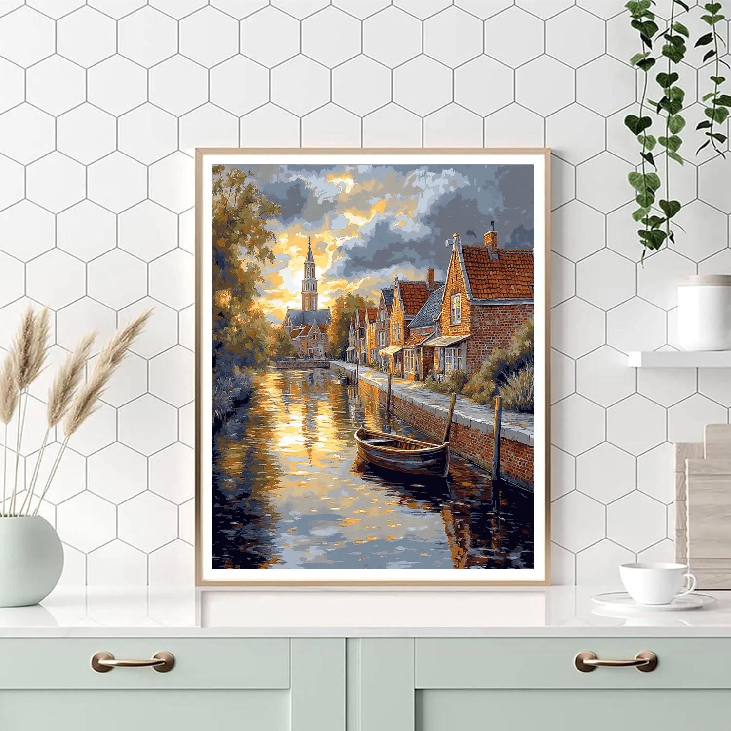Johannes Vermeer Inspired Delft Canal Reflections Under A Quiet Cloudbreak Numbered painting kits