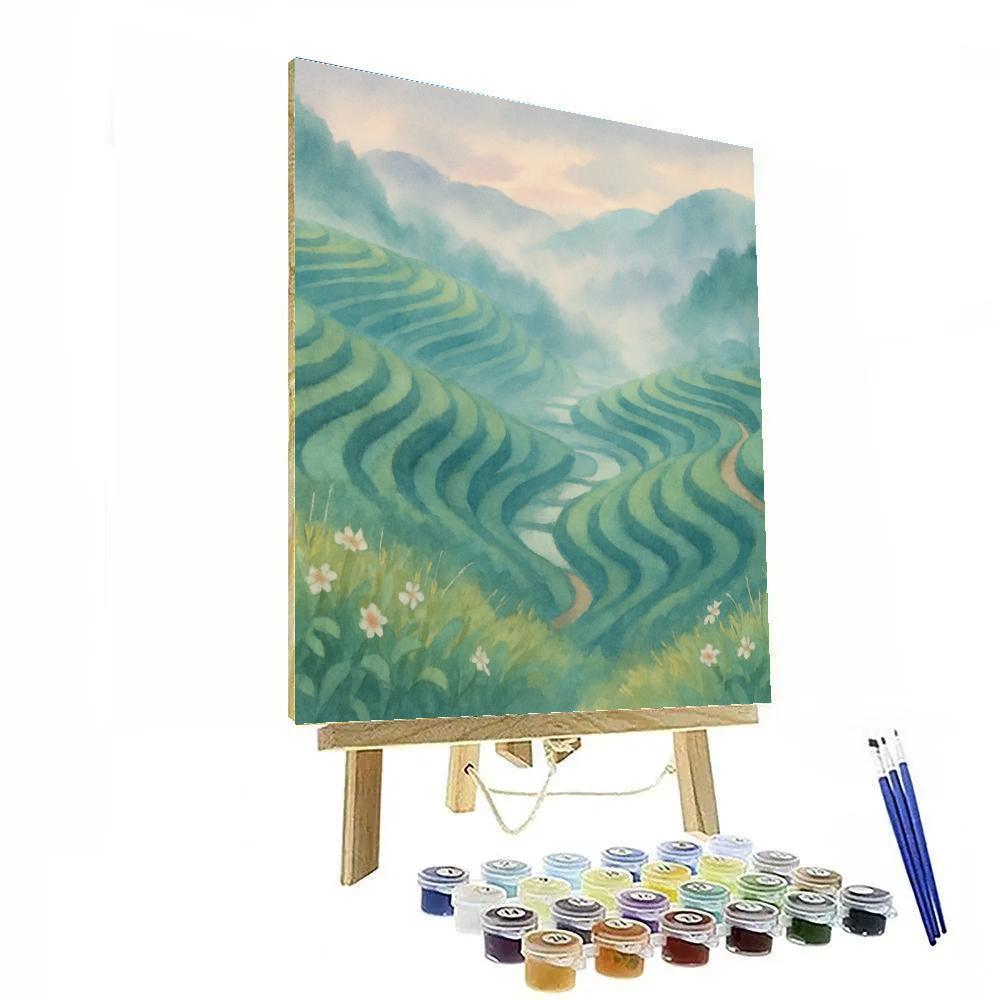 Misty Terraced Tea Valley At Dawn Painting by numbers kit
