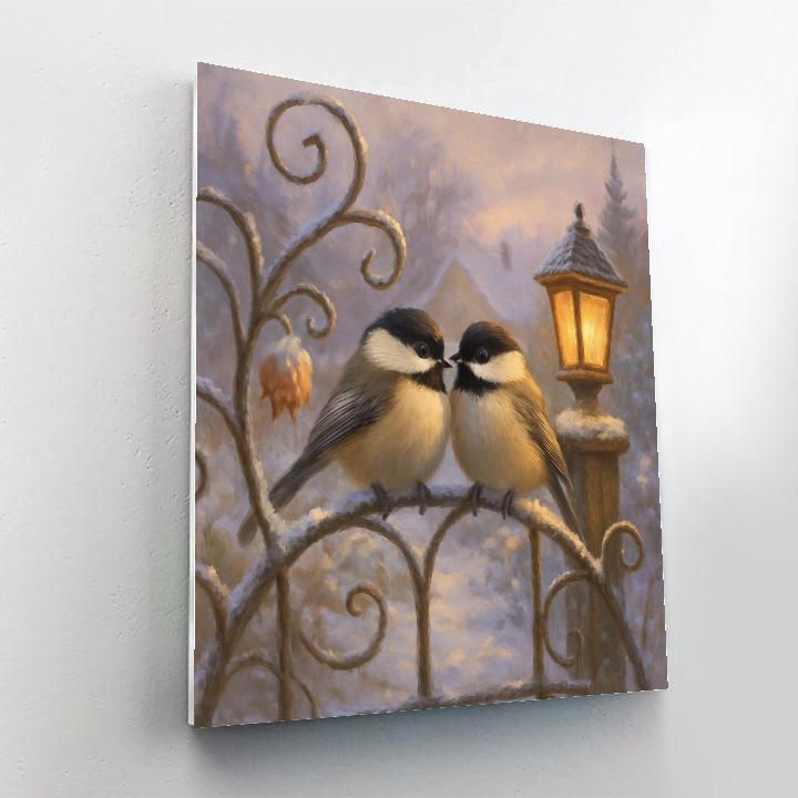 Lantern Glow Chickadees In The Winter Garden paint by number