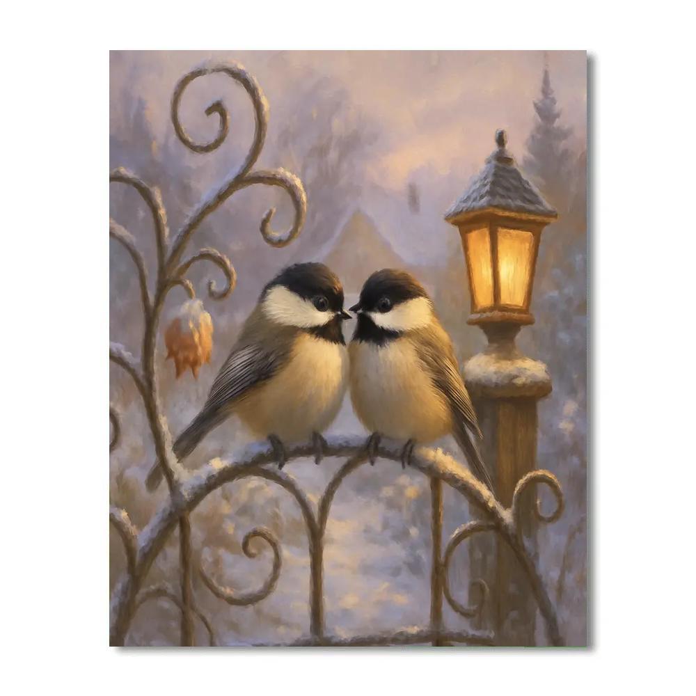 Lantern Glow Chickadees In The Winter Garden paint by number