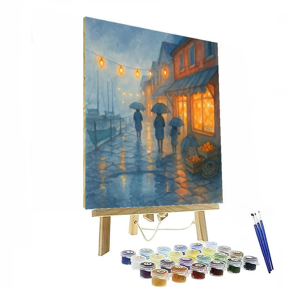 Rainy Harbor Walk With Lantern Reflections paint by number