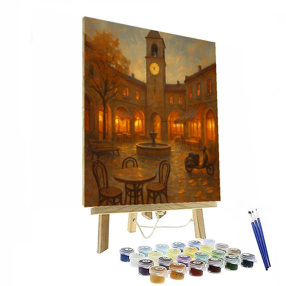 Autumn Courtyard Cafe Under A Clock Tower paint by color