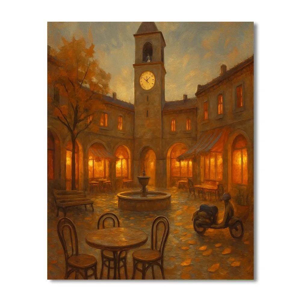 Autumn Courtyard Cafe Under A Clock Tower paint by color
