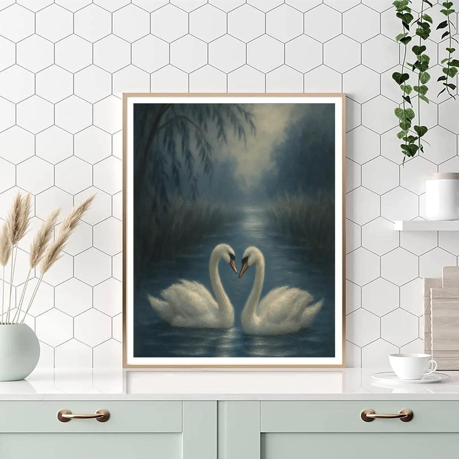 Swan Pair In The Moonlit Fog Channel Painting by numbers kit