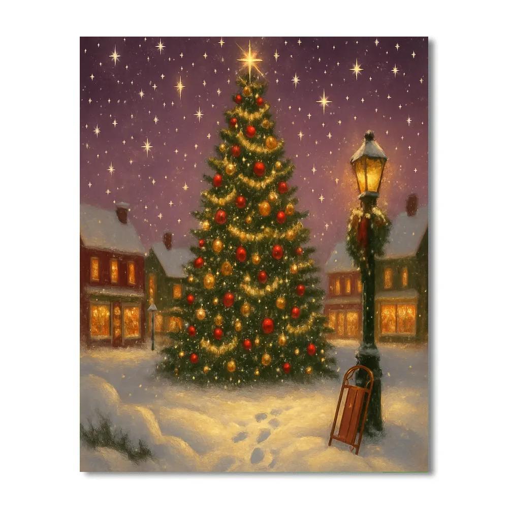 Village Tree In Falling Stardust Snow paint by numbers