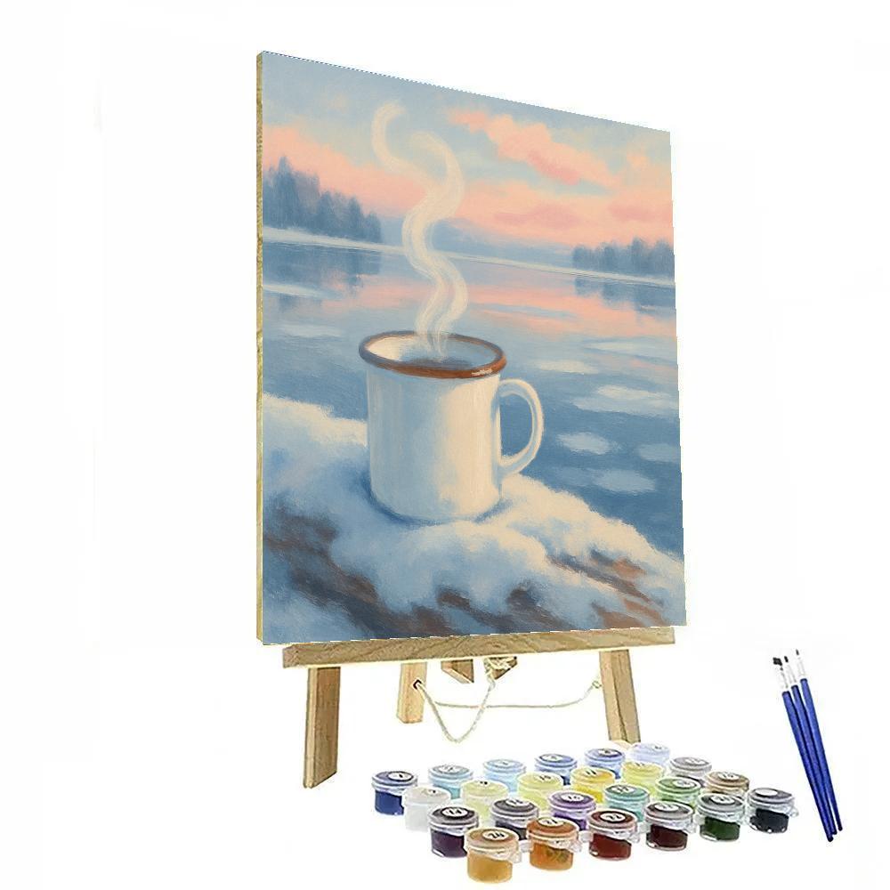 Snowy Lakeshore With Steaming Mug On A Log Painting by numbers kit