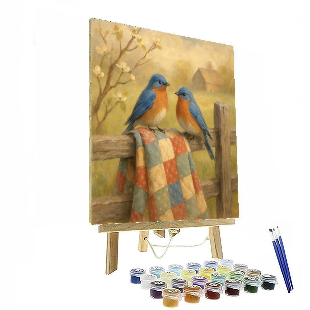 Bluebirds On The Quilt Fence In Early Spring Paint by numbers art