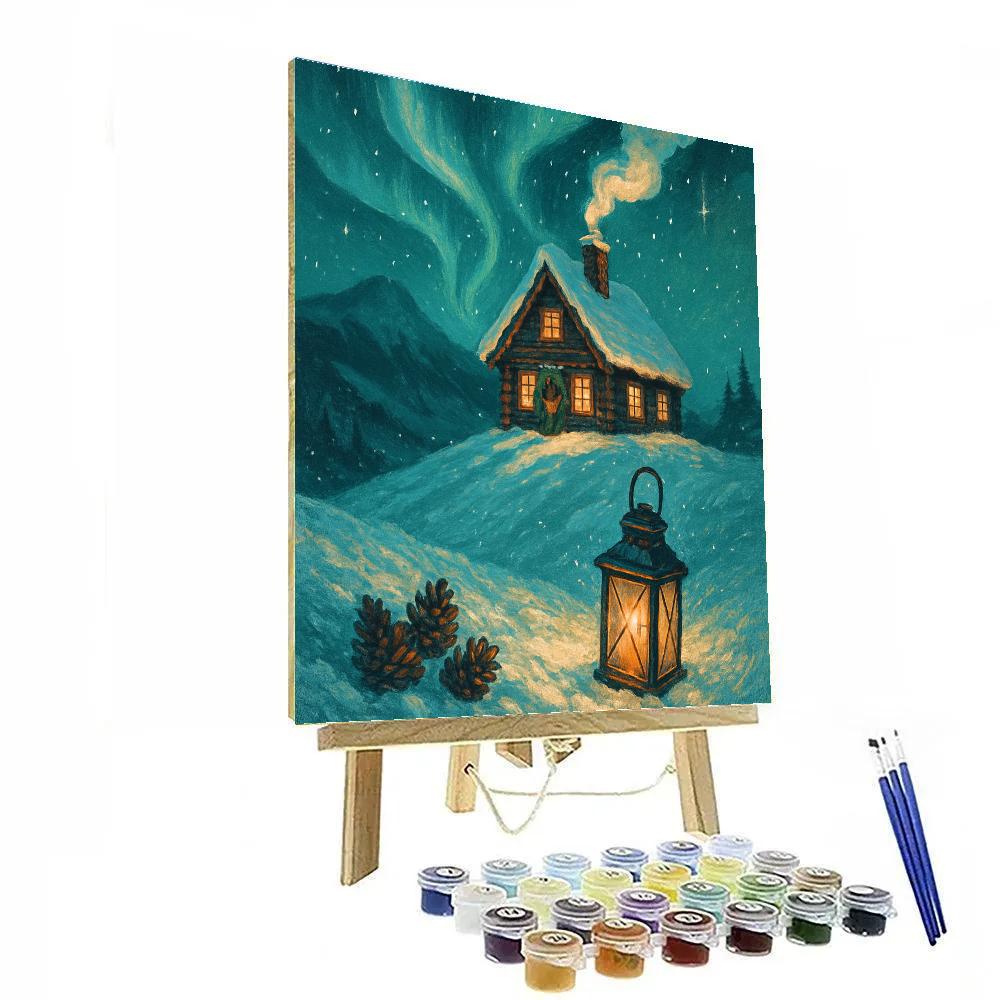 Aurora Over Mountain Yule Cabin painting number kit
