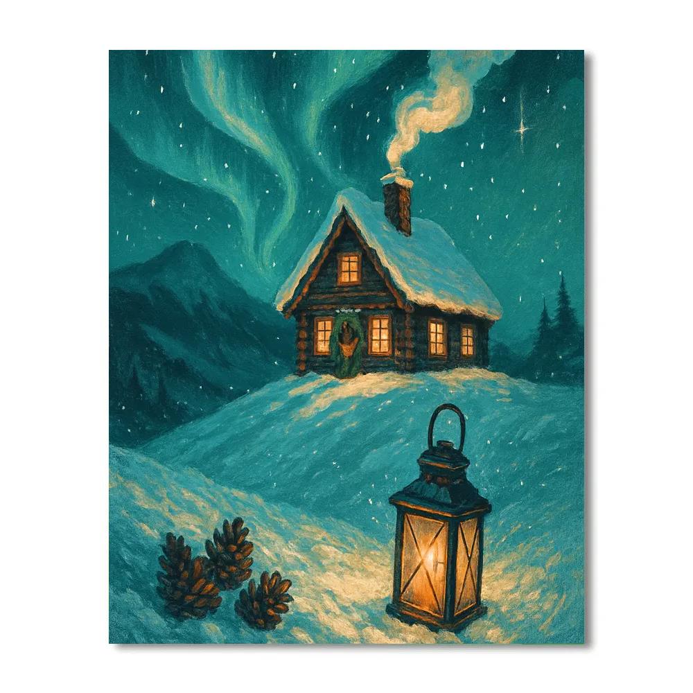 Aurora Over Mountain Yule Cabin painting number kit