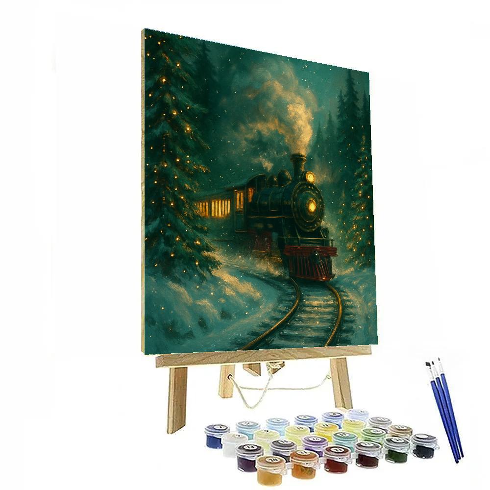 Snowy Train Through Evergreen Tunnel painting number kit