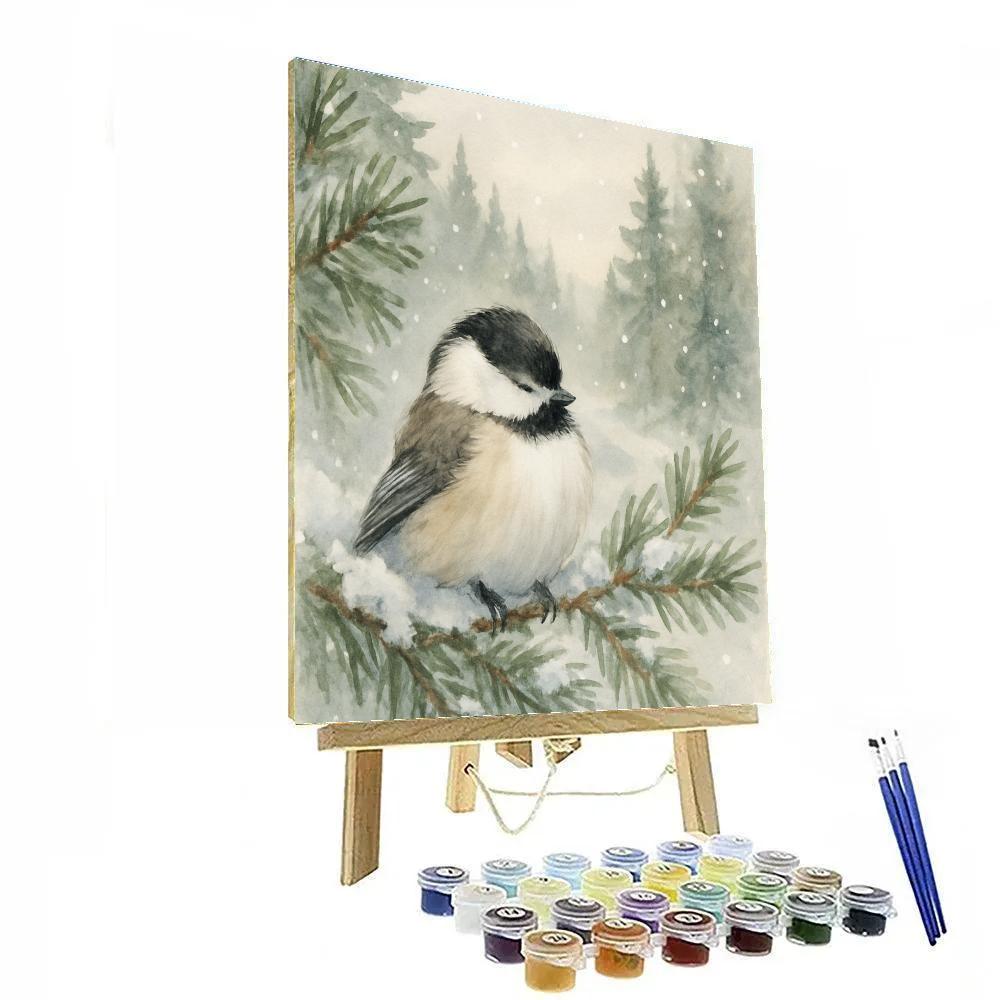Snowy Pine Nook With A Resting Chickadee Numbered painting kits