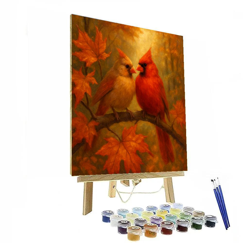 Autumn Cardinals In A Sunlit Maple Window Paint by numbers art