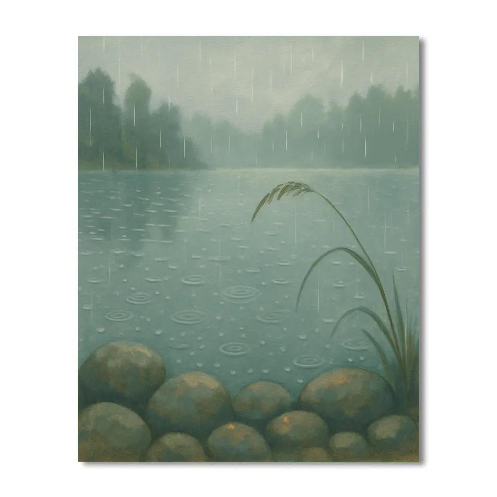 Rain Kissed Lake With Cozy Shoreline Stones Painting by numbers kit