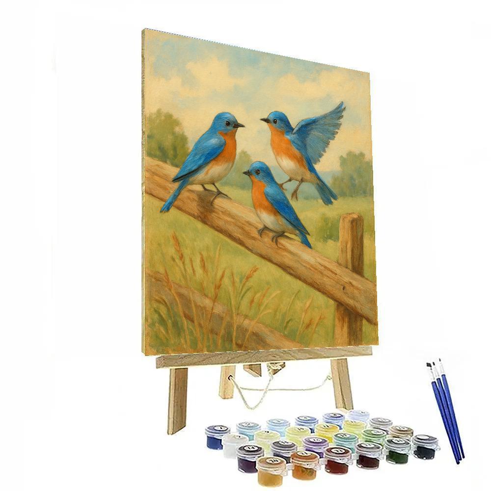 Bluebirds On The Warm Fence Line paint by color