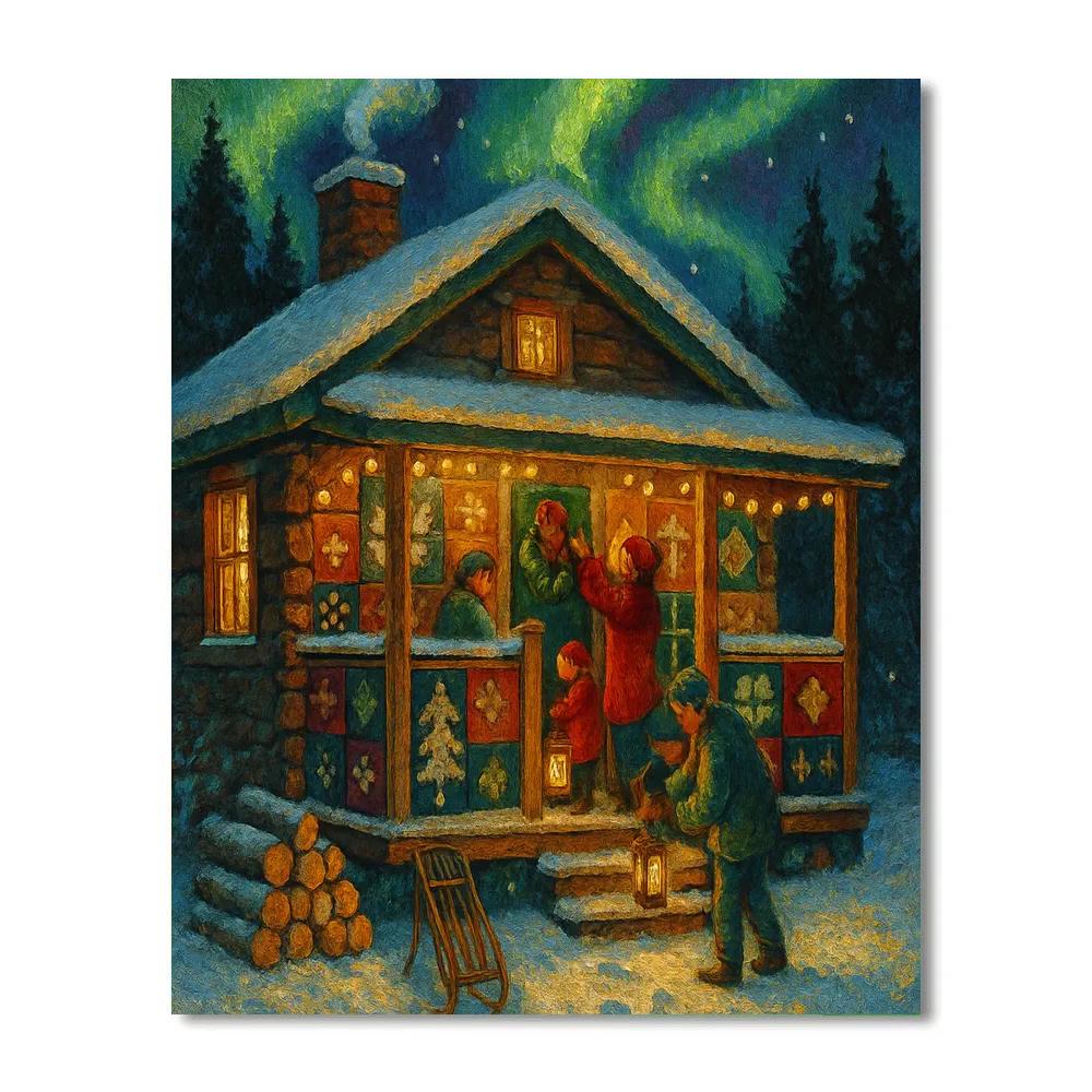 Northern Lights Above The Quilt Cabin Porch paint by number