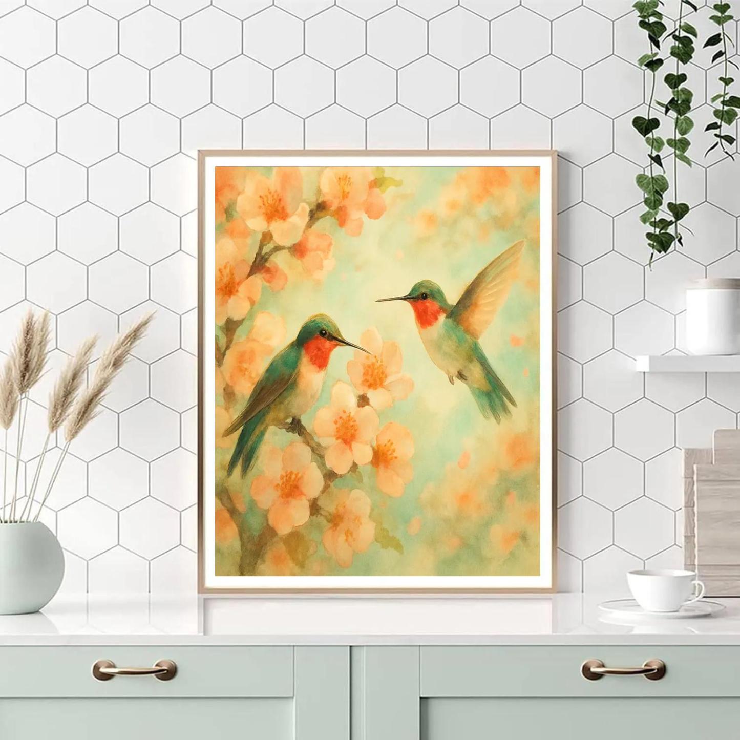 Hummingbirds Among Apricot Blossoms paint by numbers