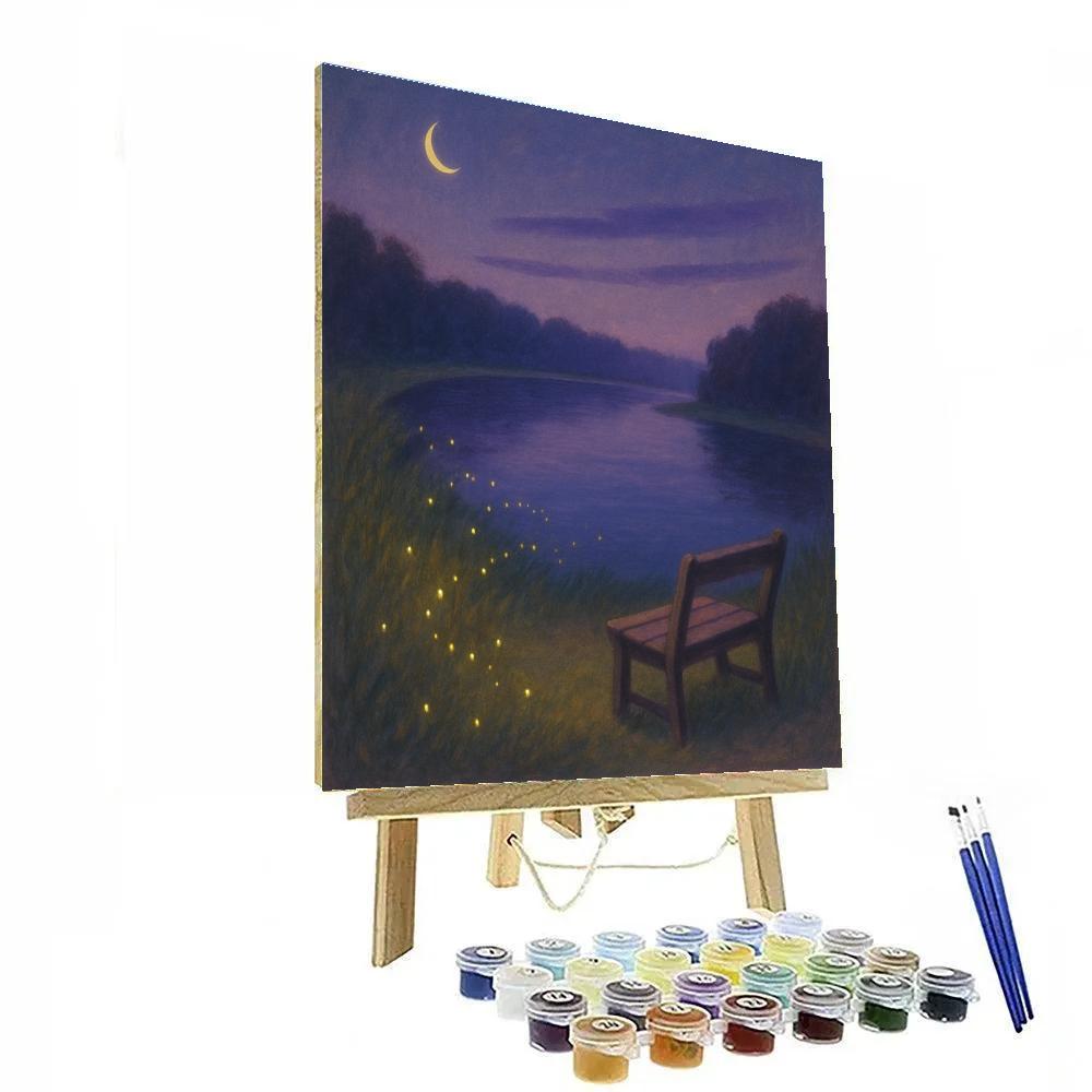 Twilight Fireflies Above The Quiet Lake Bend Number painting