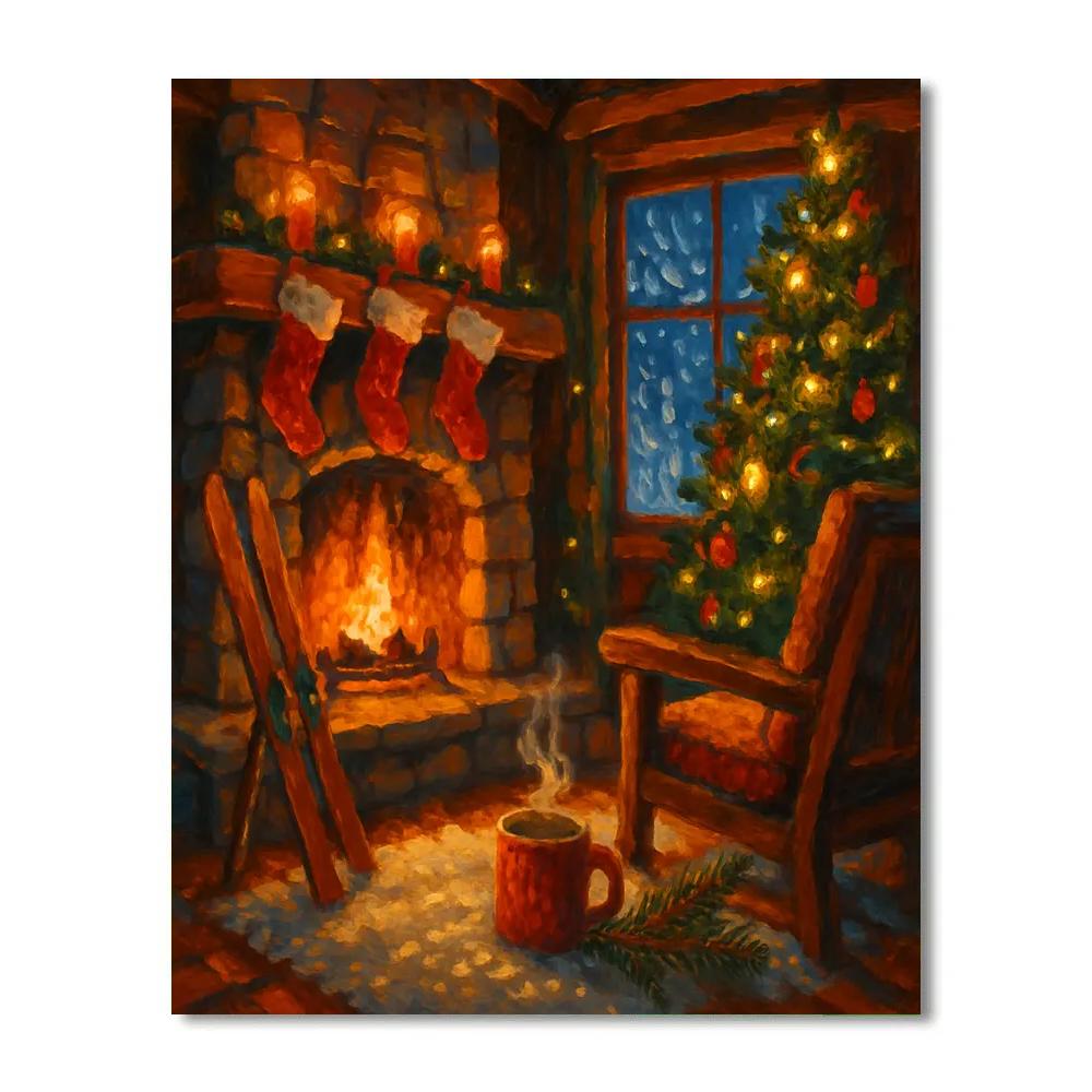 Ski Lodge Fireplace With Stockings And Snowstorm Window DIY paint by numbers