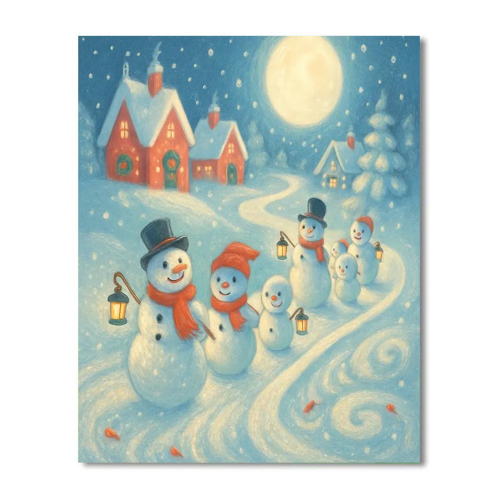 Moonlit Snowman Parade On Candy Frost Road Numbered painting kits