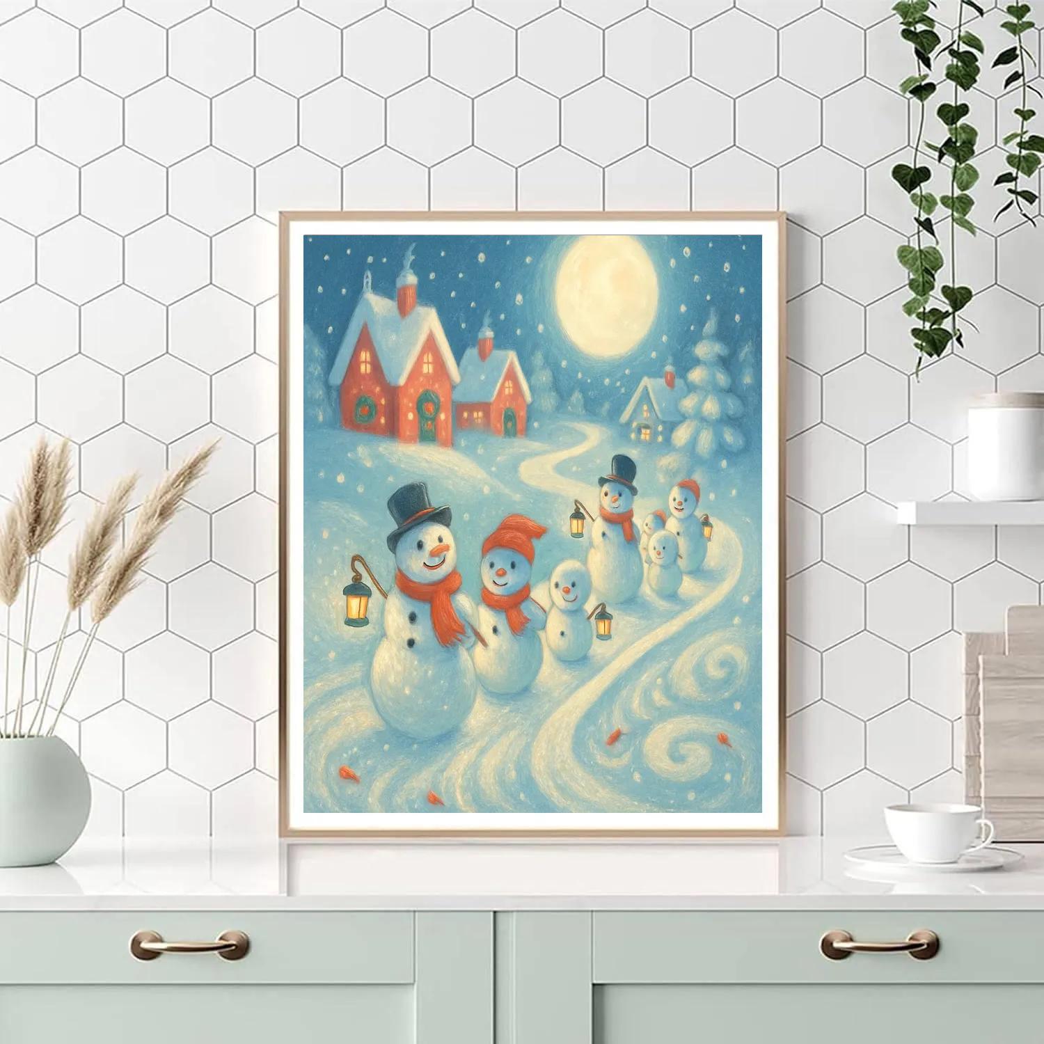 Moonlit Snowman Parade On Candy Frost Road Numbered painting kits