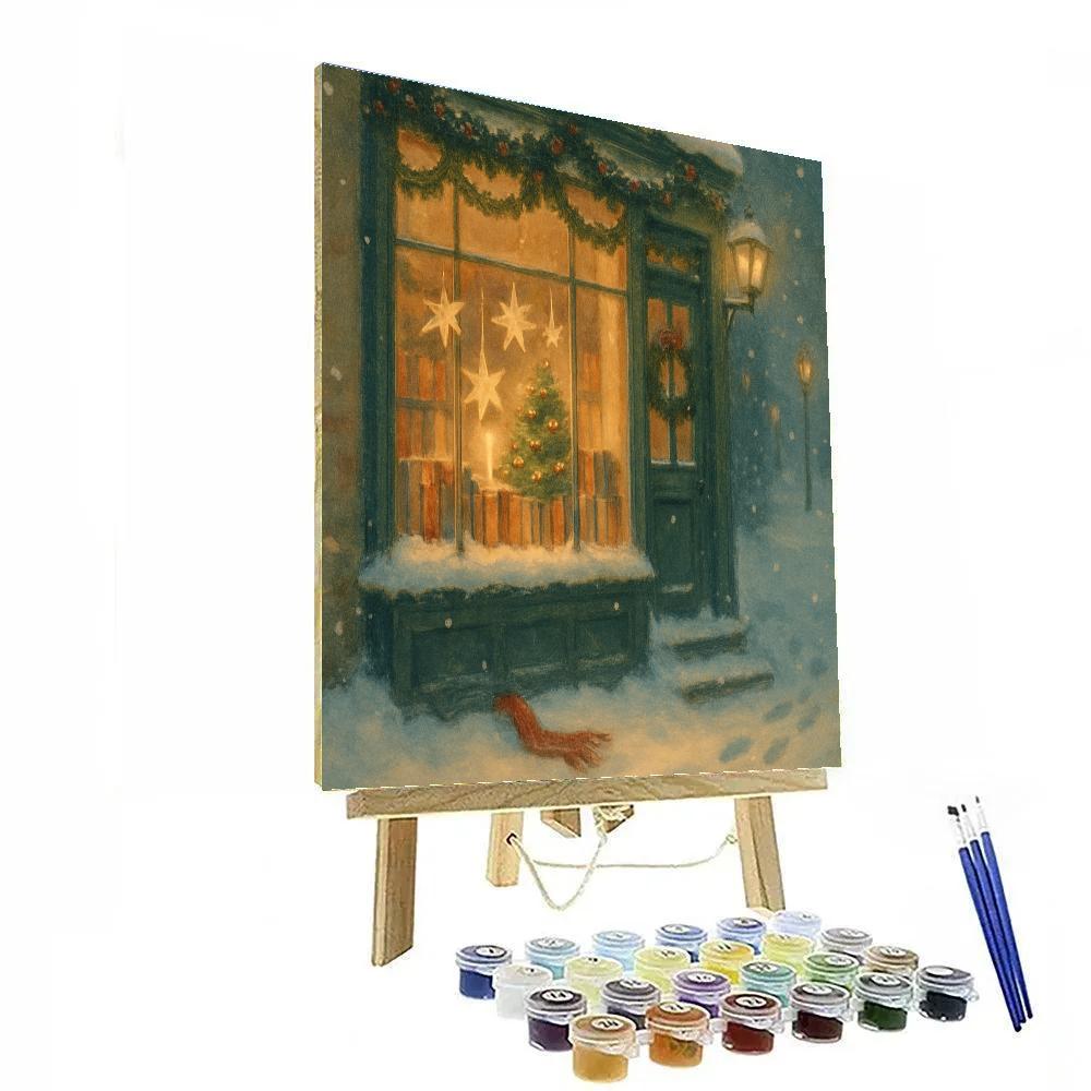 Snowy Bookshop Window With Paper Star Mobile Paint by numbers art