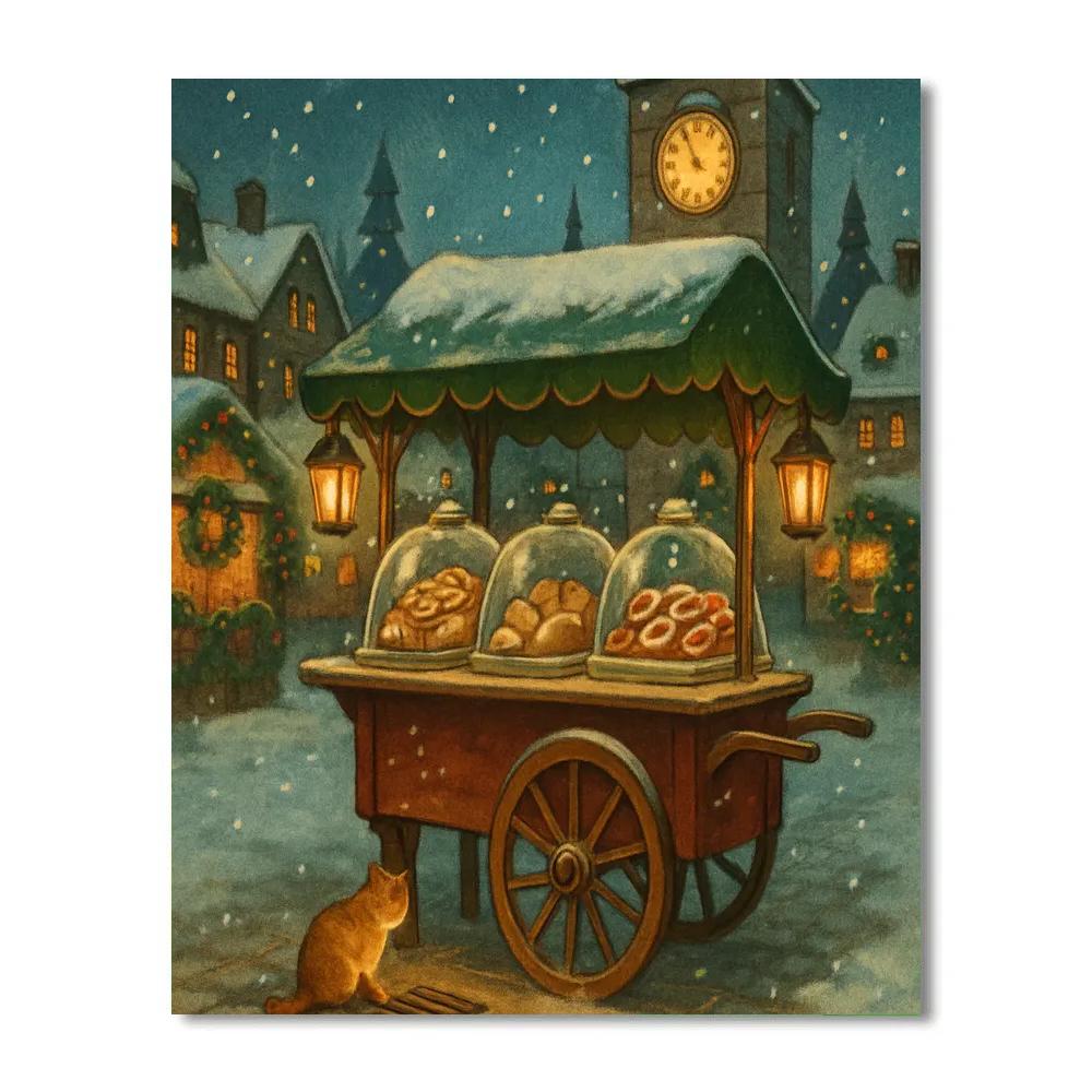 Holiday Bakery Cart Under The Snowy Clocktower paint by numbers