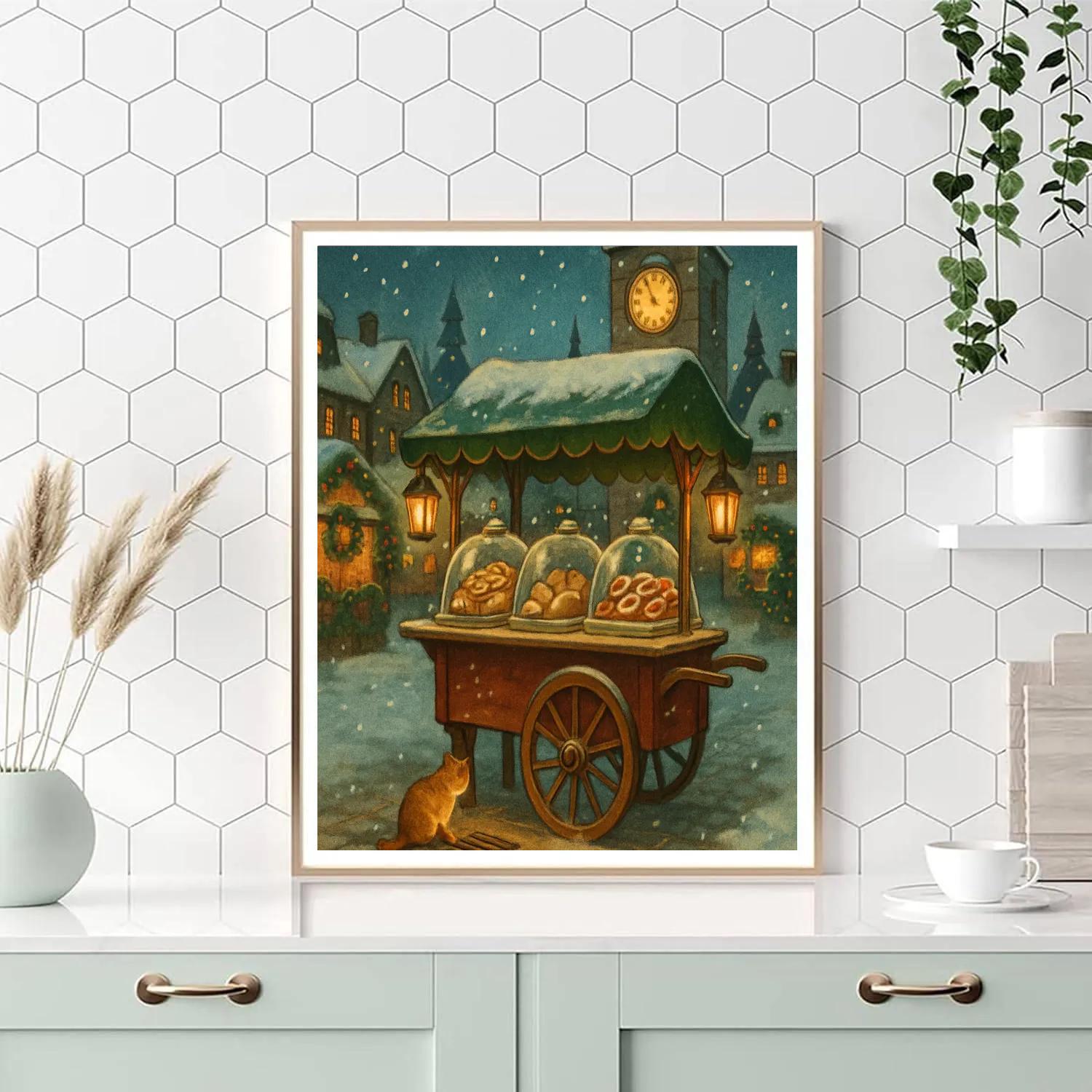 Holiday Bakery Cart Under The Snowy Clocktower paint by numbers