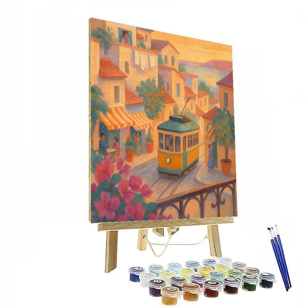 Sunset Tram Through The Hillside Courtyards Number painting