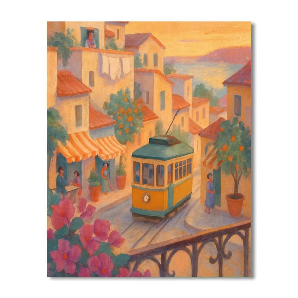 Sunset Tram Through The Hillside Courtyards Number painting