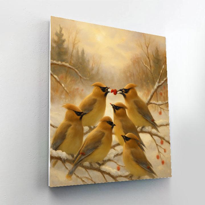 Cedar Waxwings Among Winter Berries Number painting