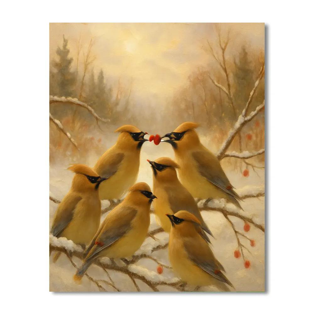 Cedar Waxwings Among Winter Berries Number painting