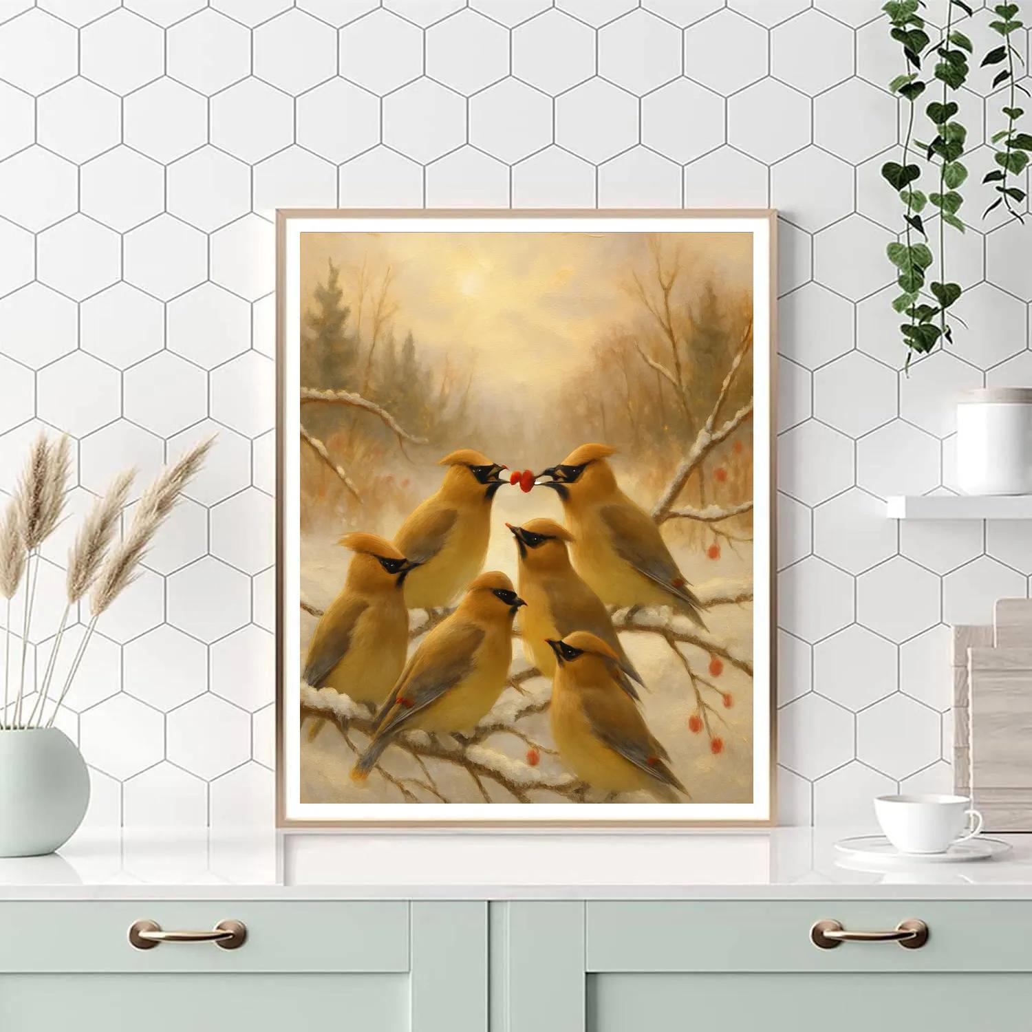 Cedar Waxwings Among Winter Berries Number painting