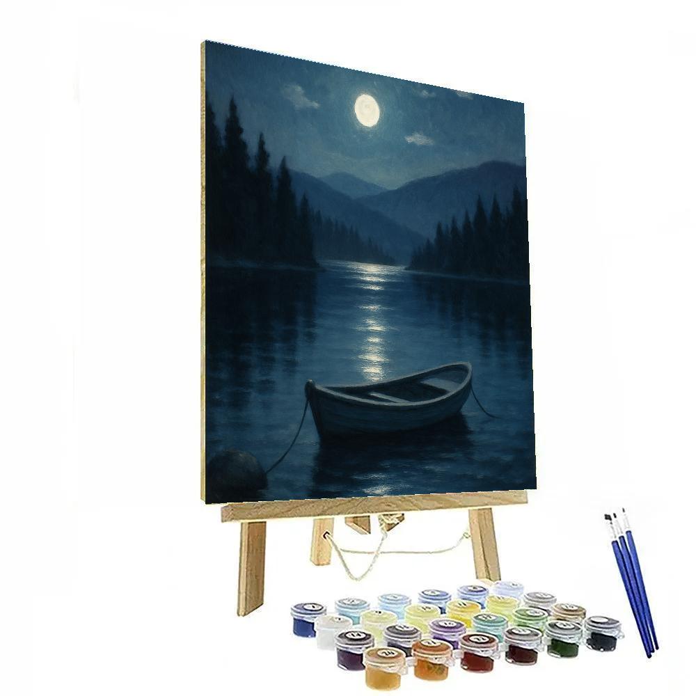 Moonlit Rowboat Under Silver Pines Paint by numbers art