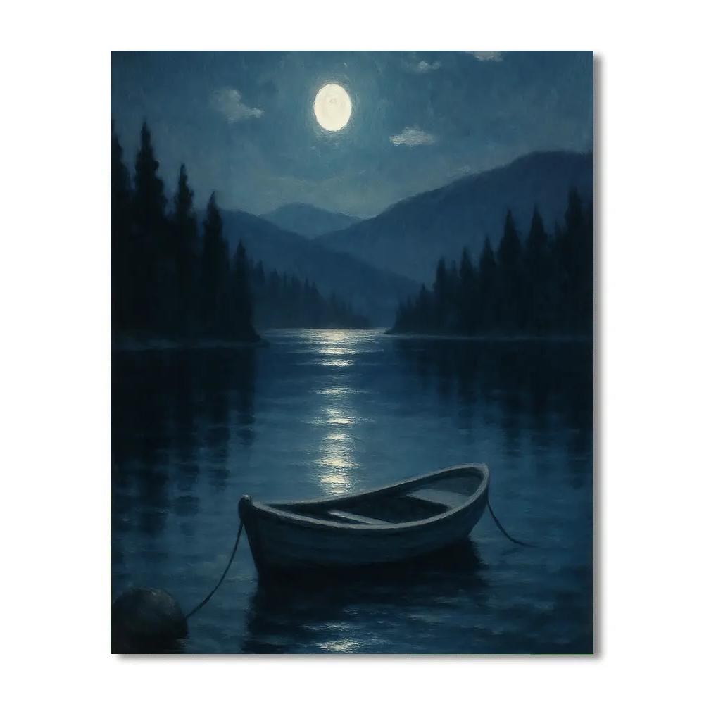 Moonlit Rowboat Under Silver Pines Paint by numbers art