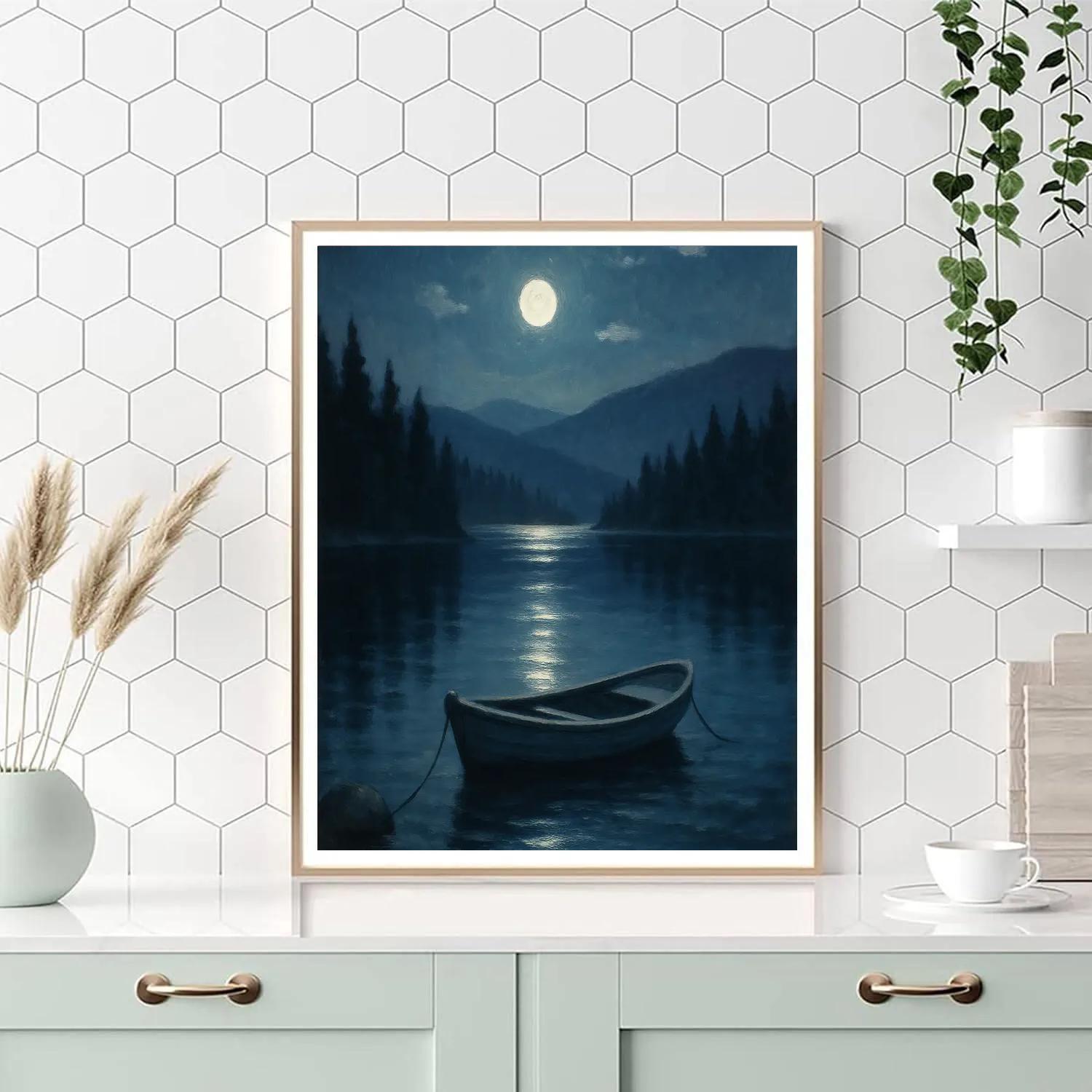 Moonlit Rowboat Under Silver Pines Paint by numbers art