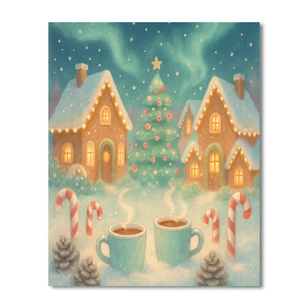 Gingerbread Roofs Under A Minty Aurora paint by number