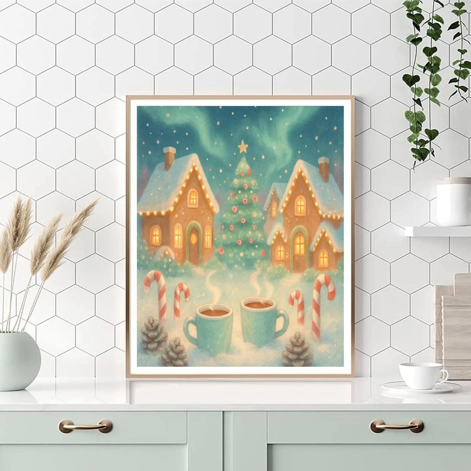 Gingerbread Roofs Under A Minty Aurora paint by number