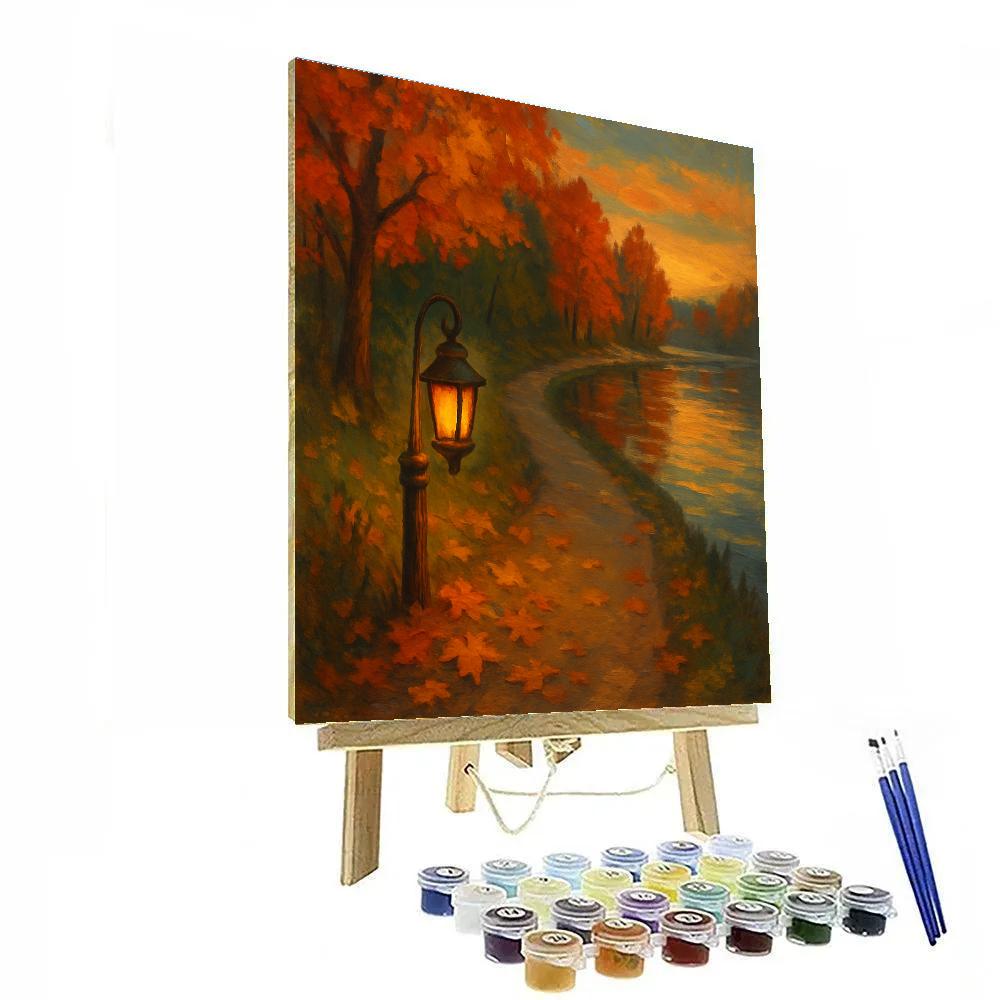 Autumn Lantern Walk Along The Lakeshore Path painting number kit