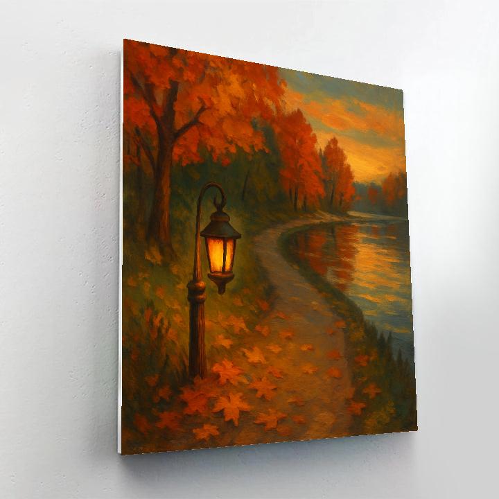 Autumn Lantern Walk Along The Lakeshore Path painting number kit
