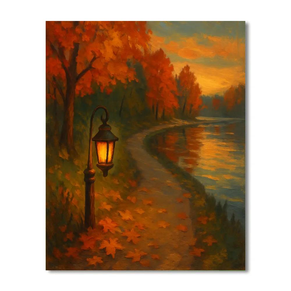 Autumn Lantern Walk Along The Lakeshore Path painting number kit
