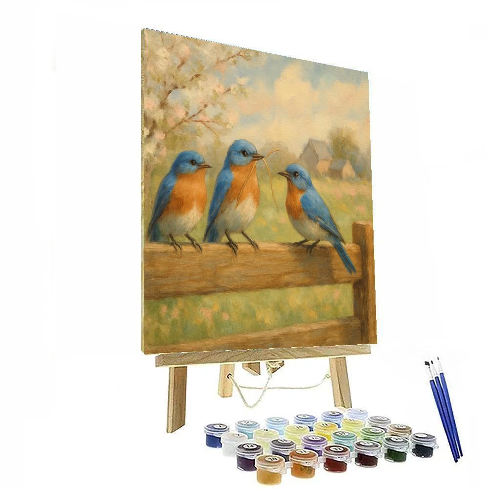 Bluebirds On The Quilt Fence In Spring painting number kit